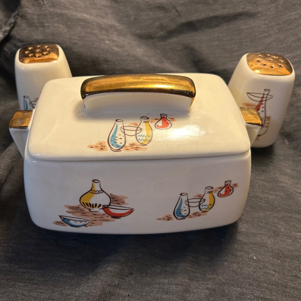 Vintage 1940s Stanford Art Pottery: Southwestern MCM Covered Dish, S&P Set, RARE